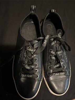 Calvin Klein Black Leather Low-Top Sneakers with White Sole Trim